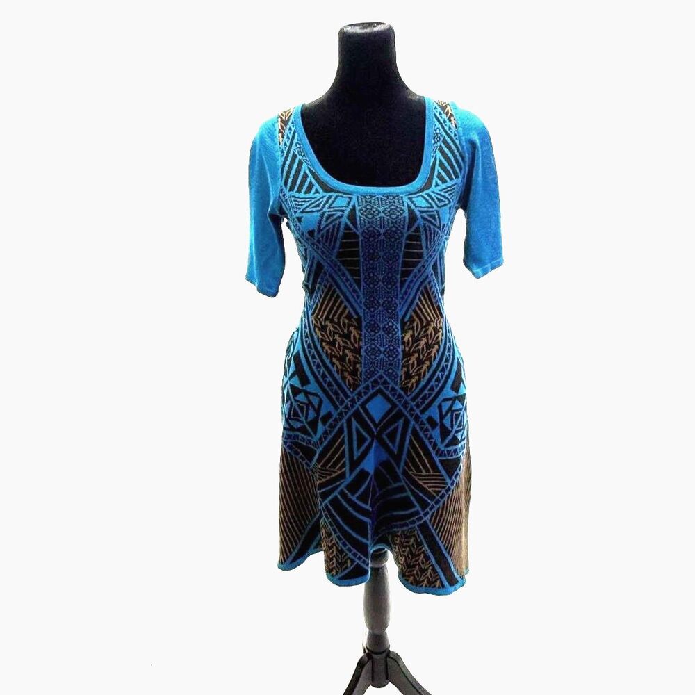 Flying Tomato blue & black geometric print knit bodycon dress